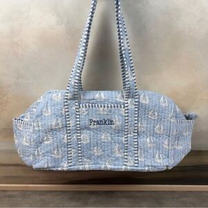 Mark & Graham Block Print Quilted Overnighter Bag Blue Sailboat Monogrammed Read